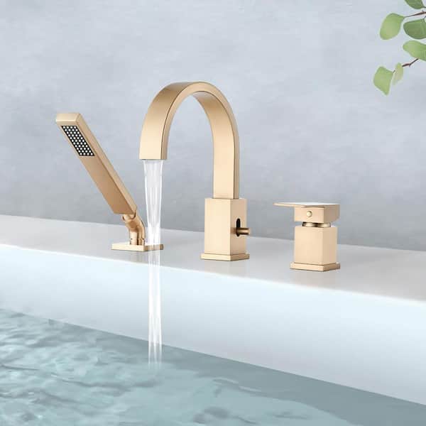 Unbranded Single-Handle Freestanding Tub Faucet Deck Mount Waterfall Faucet with Hand Shower Stainless Steel in Brushed Gold