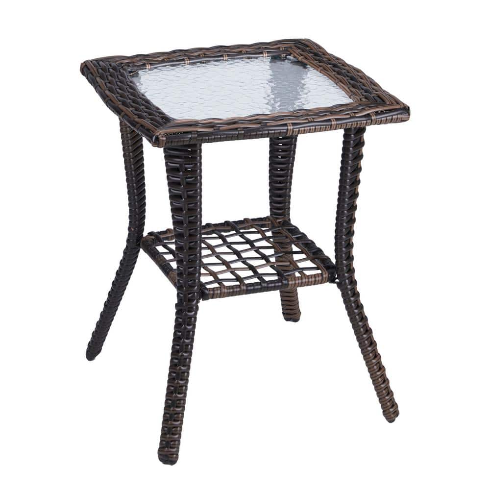 Brown Square Wicker Outdoor Side Table with Glass Top and Steel Frame
