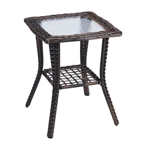 Brown Square Wicker Outdoor Side Table with Storage Tempered Glass Top Wicker Table