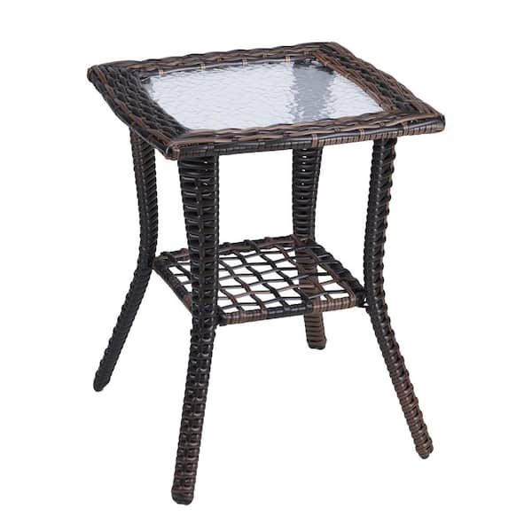 VINGLI Brown Square Wicker Outdoor Side Table with Storage Tempered Glass Top Wicker Table