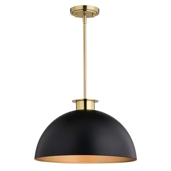 Devon 1-Light Matte Black and Gold Satin Brass LED Compatible Mid-Century Modern Pendant Light