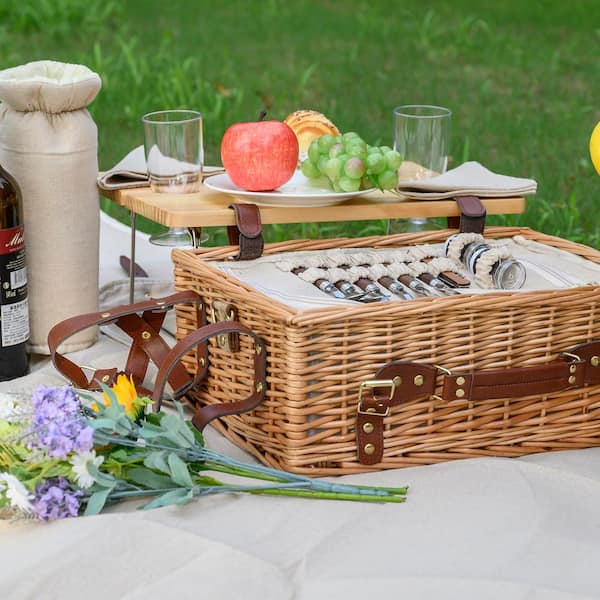 1-Piece Natural Wicker Multifunctional Picnic Basket Set with Insulated Cooler, Blanket, Picnic Table, Full Tablewares