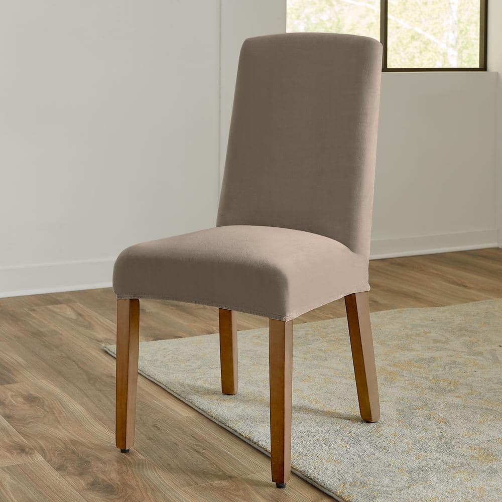 Beige And Brown Slipcovered Wood Parsons chair