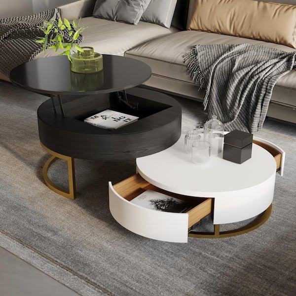 Magic Home 51 9 In Black Round Storage, Round Pull Up Coffee Table