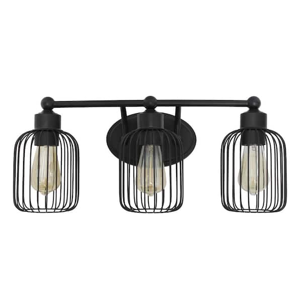 Lalia Home 22 in. Black Ironhouse 3-Light Industrial Decorative Cage Vanity Uplight Downlight Wall Mounted Fixture