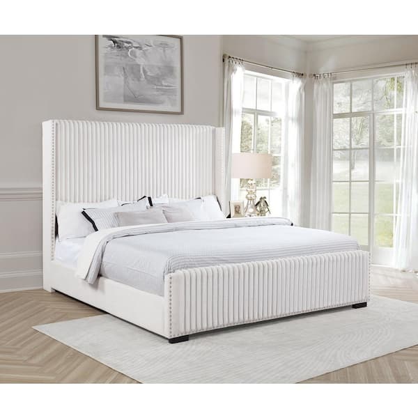 Coaster Natasha White Wood Frame California King Panel Bed with Nailhead Trim and Wingback Headboard