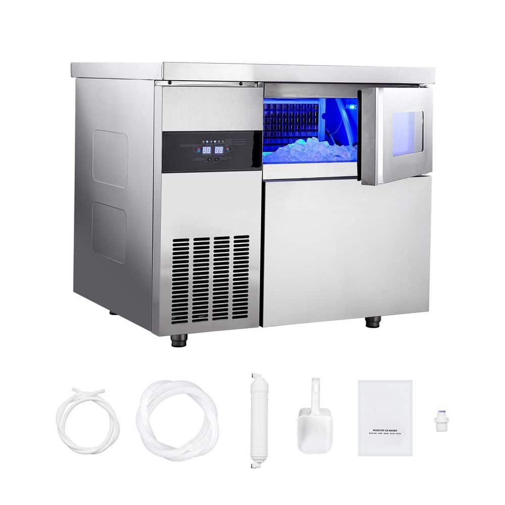 Commercial Ice Maker Machine with Worktop 265 lbs./24H 66 lbs. Storage 35.43 in. W Full Size Cubes Freestanding Silver