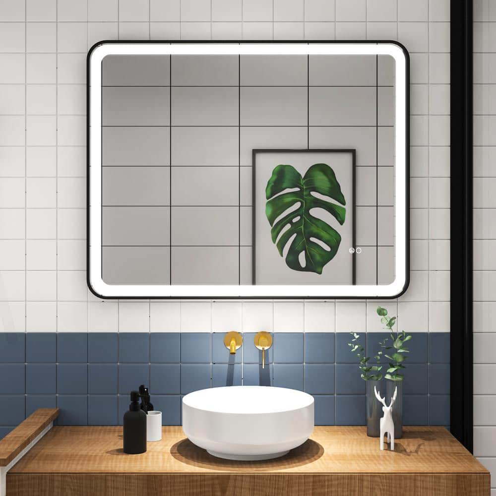 BONIE 40 in. W x 32 in. H Large Rectangular Framed Anti-Fog LED Wall Bathroom Vanity Mirror in Matte Black price history on PriceWatchPro