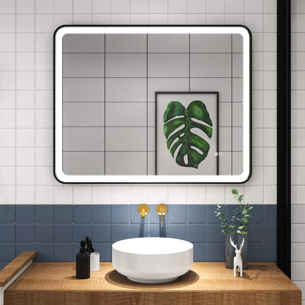 WELLFOR BONIE 40 in. W x 32 in. H Large Rectangular Framed Anti-Fog LED Wall Bathroom Vanity Mirror in Matte Black
