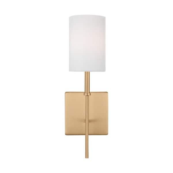 Generation Lighting Foxdale 1-Light Satin Brass Wall Sconce with White Linen Fabric Shade