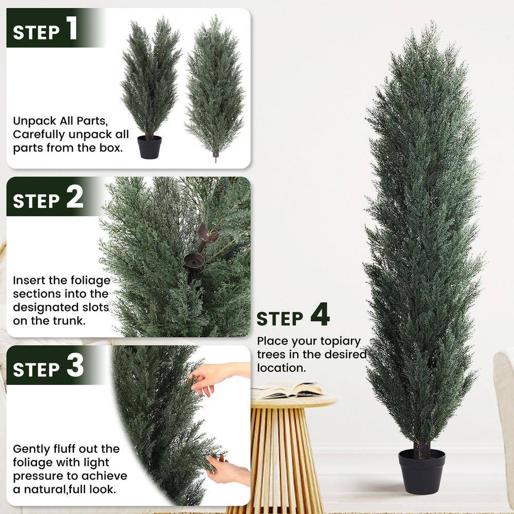 59" Dark Green Cedar Artificial Topiary Trees in Black Cement Pots, Set of 2