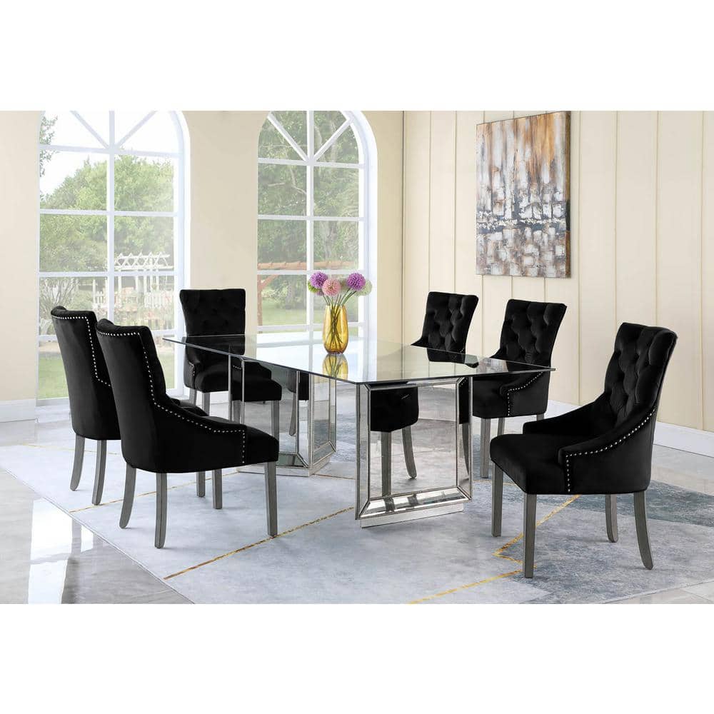 72" Glass Top Silver Mirrored Wood Dining Table