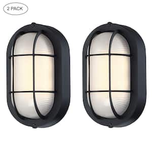 Ali Textured Black Integrated LED Outdoor bulkhead Wall Lantern Sconce with Ellipse Frosted Glass Shade (2-Pack)