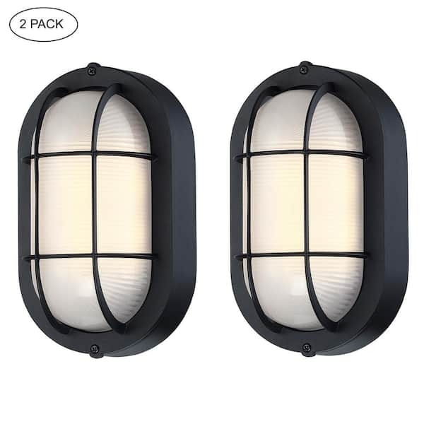Hukoro Ali Textured Black Integrated LED Outdoor bulkhead Wall Lantern Sconce with Ellipse Frosted Glass Shade (2-Pack)