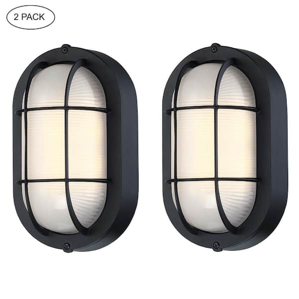 Hukoro 8.5 in. Black Outdoor Hardwired Ellipse Frosted Glass Shade Wall Lantern Scone with No Bulbs Included (2-Pack)
