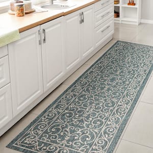 Charleston Teal/Gray 2 ft. x 10 ft. Vintage Filigree Textured Weave Indoor/Outdoor Runner Rug