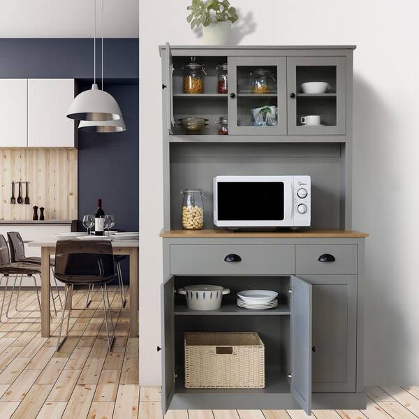 VEIKOUS Grey Wood 39.3 in. W Kitchen Pantry Cabinet Storage with Buffet Cupboard Microwave Stand and Adjustable Shelves