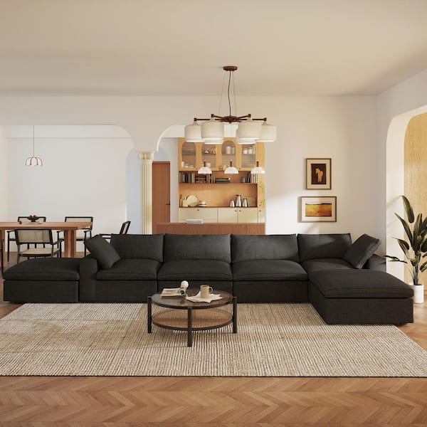 157 in. Square Arm 6-Piece Linen U-shaped Sectional Sofa Cloud Couch in Black with Storage Ottomans