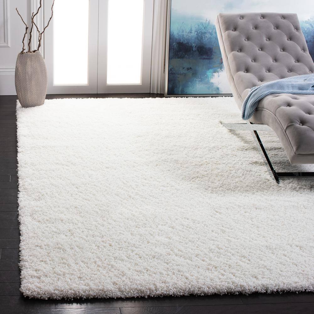 White Hand-Knotted Synthetic Shag Area Rug