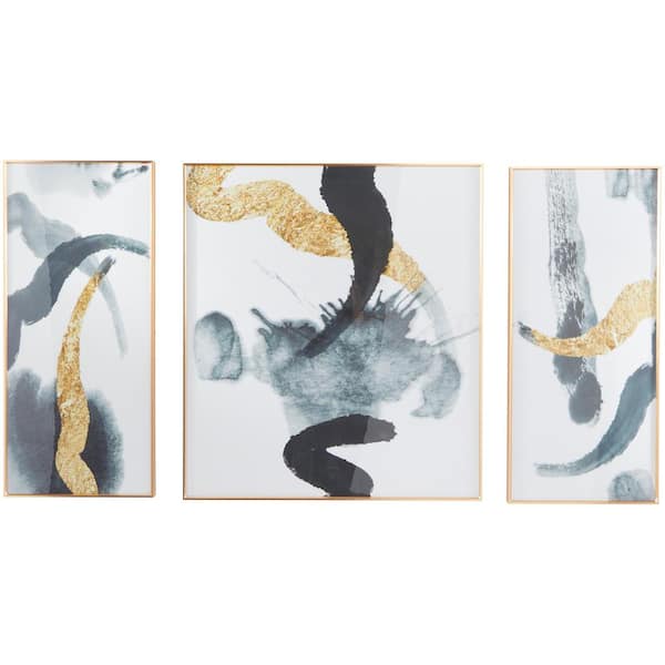 CosmoLiving by Cosmopolitan 3- Panel Abstract Framed Wall Art with Gold Aluminum Frame 36 in. x 16 in.