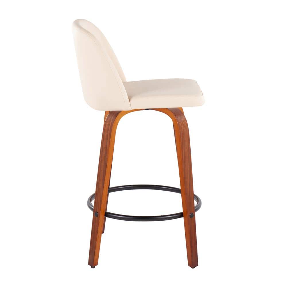 Cream Faux Leather Swivel Counter Stools with Walnut Wood and Black Metal Footrest, Set of 2