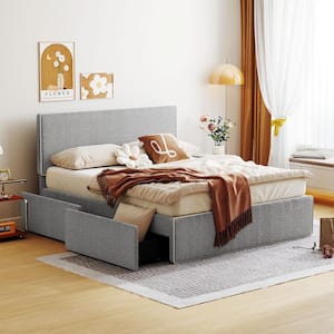 Gray Wood Frame Full Size Fleece Fabric Upholstered Platform Bed with 4-Drawer, White Edge on Headboard & Footboard