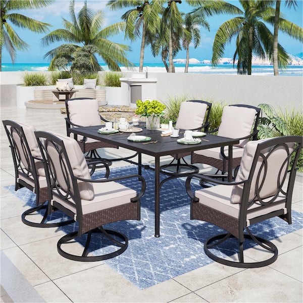 PHI VILLA 7-Piece Metal Black Outdoor Dining Set with Beige Cushions with 6 Swivel Dining Chairs and Dining Table