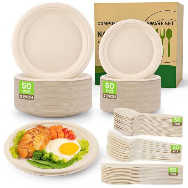 250 Piece Brown Glossy Series Disposable Dinnerware Set, Sugarcane Fiber Plates, Extra Long Forks Spoons for Party