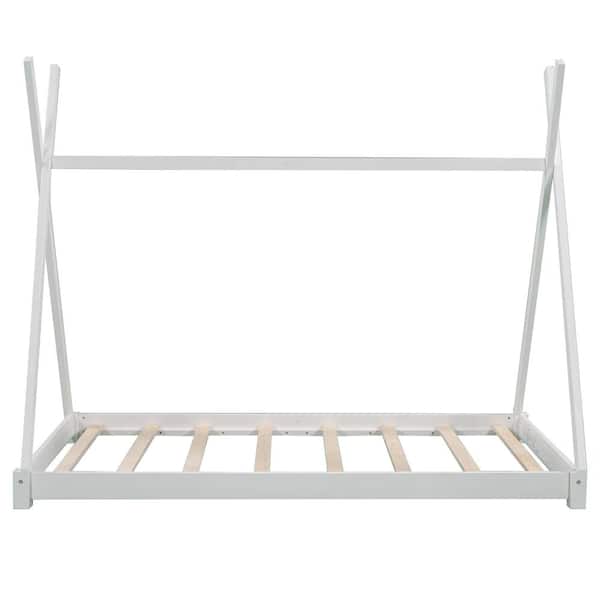STICKON 80 in. W White Wood Frame Twin Size Platform Bed with Triangle Structure