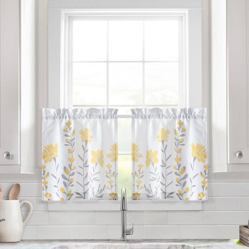 Aprile Yellow and Gray Floral Cotton Blend Kitchen Window Tiers