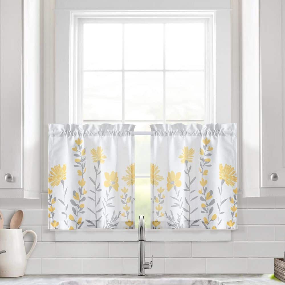 Aprile Yellow and Gray Floral Cotton Blend Kitchen Window Tiers