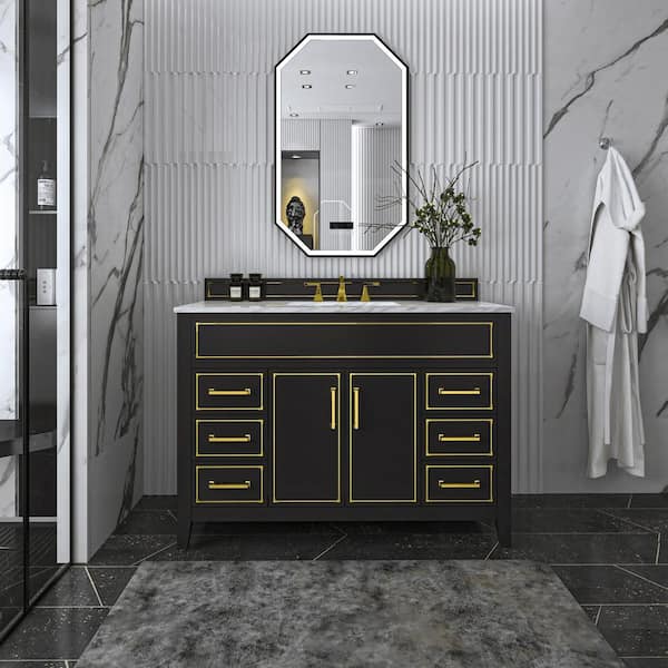 Ancerre Designs Aspen 48 in. W x 22 in. D Black Onyx Bath Vanity with Vanity Top in Carrara White Marble with White Basin