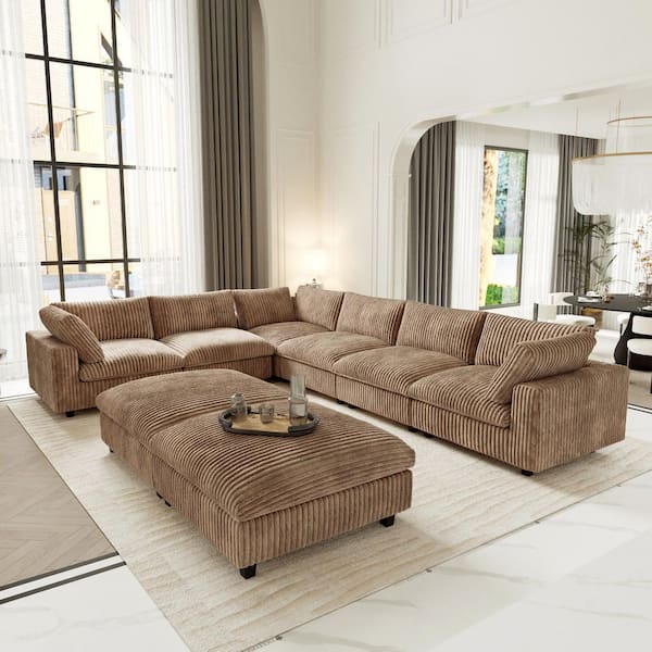 Modern 157 in. Square Arm Oversized Deep Seat Velvet 8-Piece U-Shaped Modular Sectional Sofa with Storage Ottoman, Brown