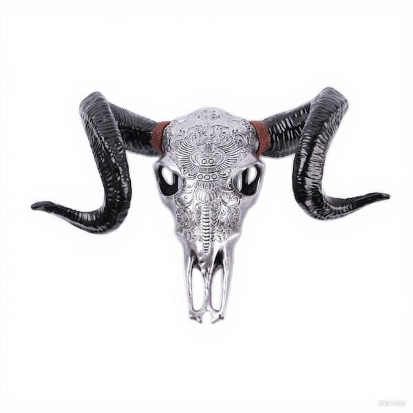 Bone-Inspired Bull Head Wall Decor-Resin Hanging Sculpture with Lifelike Details, North American Style, Antique Silver