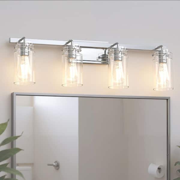 28 in. 4-Light Chrome Modern Cylinder Vanity Light, Clear Glass Bathroom Wall Fixture Over Mirror