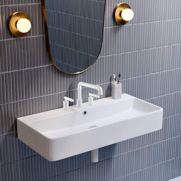 Swiss Madison Carre 36 in. W x 16 in. D x 6 in. H Wall-Mount Ceramic White Bathroom Sink with 8 in. Widespread Holes