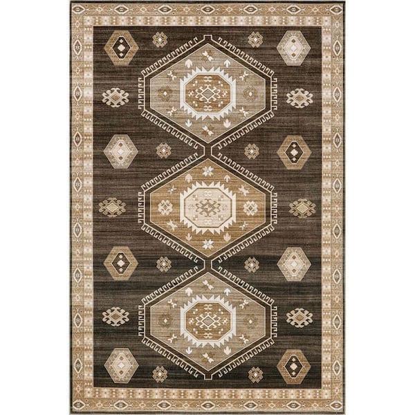 RUGS USA Lauren Liess Taro Medallion Machine Washable Dark Brown 9 ft. x 12 ft. Indoor/Outdoor Patio Rug