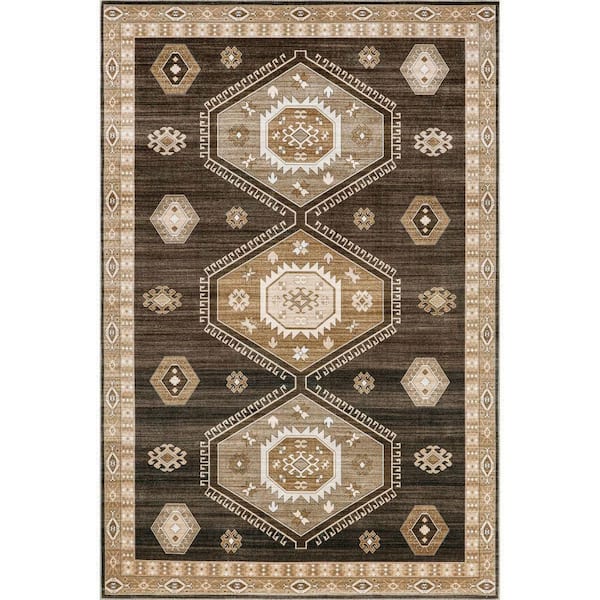 Taro Medallion Machine Washable Dark Brown 6 ft. x 9 ft. Indoor/Outdoor Patio Rug