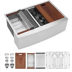 33 in. Farmhouse/Apron-Front Double Bowl 16 Gauge Stainless Steel Workstation Kitchen Sink with All Accessories