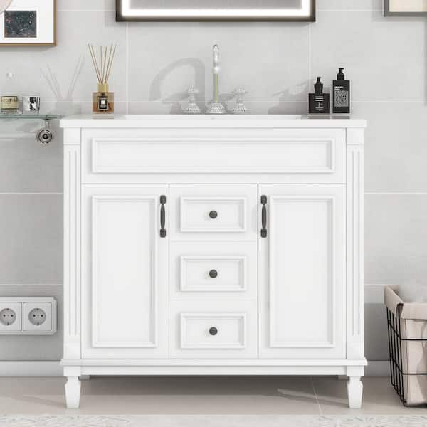 36 in. W x 18 in. D x 34 in. H Single Sink Freestanding Bath Vanity in White with White Resin Top