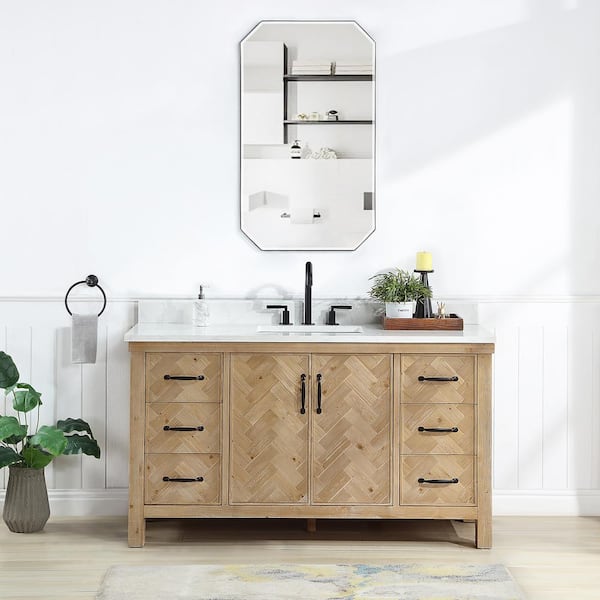 ROSWELL Javier 60 in. W x 22 in. D x 33.9 in. H Single Sink Bath Vanity in Brown with White Grain Composite Stone Top and Mirror
