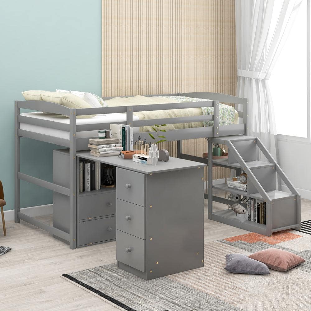 Qualler Gray Twin Size Loft Bed with Multifunctional Movable Built-in ...