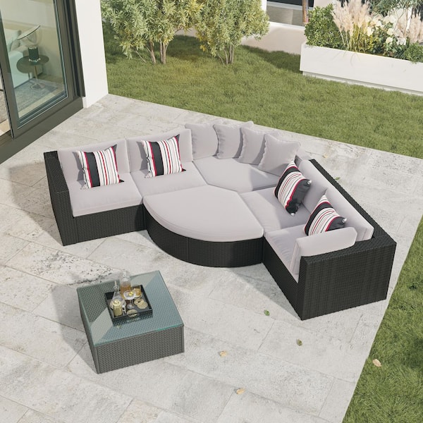 Unbranded 7-Piece Brown Wicker Outdoor Patio Conversation Set with Beige Cushions and Pillows