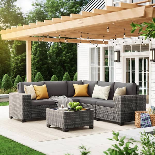6-Piece Outdoor Gray Wicker Patio Conversation Set With Dark Gray Cushions