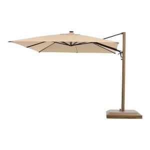 10 ft. Aluminum and Steel Cantilever LED Outdoor Patio Umbrella in Sunbrella Antique Beige with Metal Covered Base