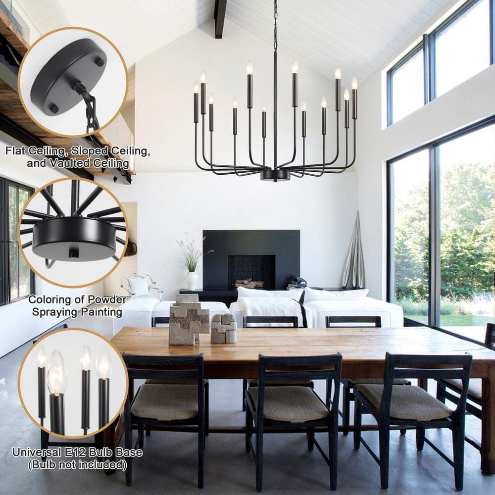 Matte Black 12-Light Candle Style Chandelier