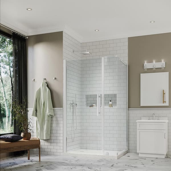 OVE Decors Pasadena 42-1/8 in. W x 72 in. H Rectangular Pivot Frameless Corner Shower Enclosure in Chrome