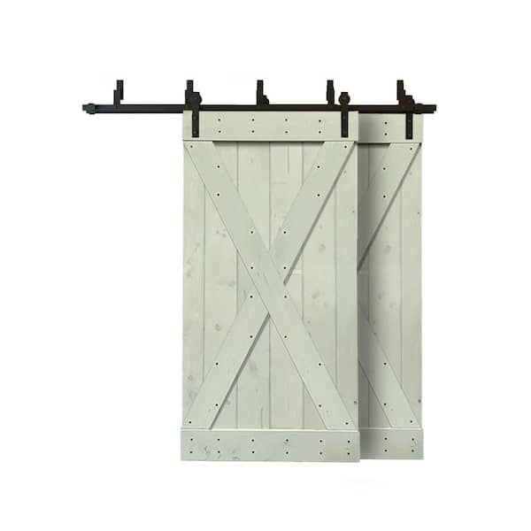 CALHOME 84 in. x 84 in. X Series Bypass Sage Green Stained Solid Pine Wood Interior Double Sliding Barn Door with Hardware Kit