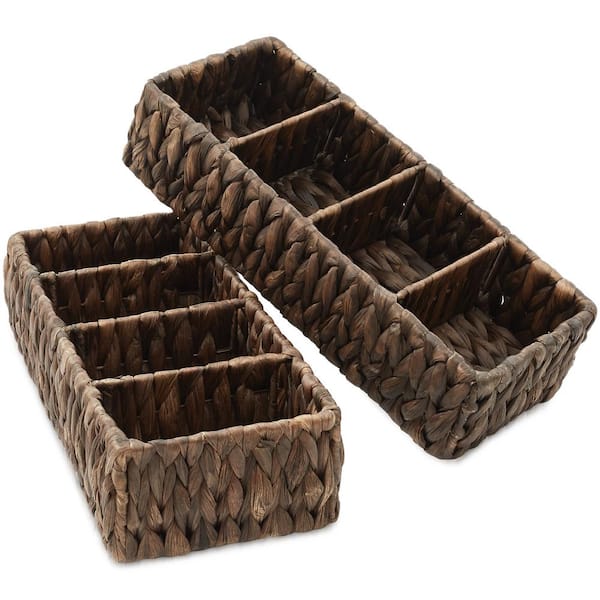 Casafield Brown Espresso 14 in. x 6 in. Wicker Woven Hyacinth Decorative Baskets 4-Section Storage Bins Set of 2
