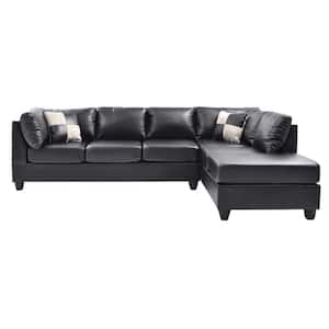 Malone 111 in. Black Faux Leather 4-Seater Sectional Sofa with 2-Throw Pillow